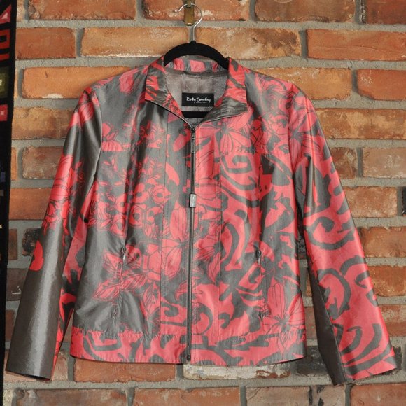 New Betty Barclay Grey & Red Tailored Zip-up Botanical Floral Jacket 34 S - Picture 5 of 9
